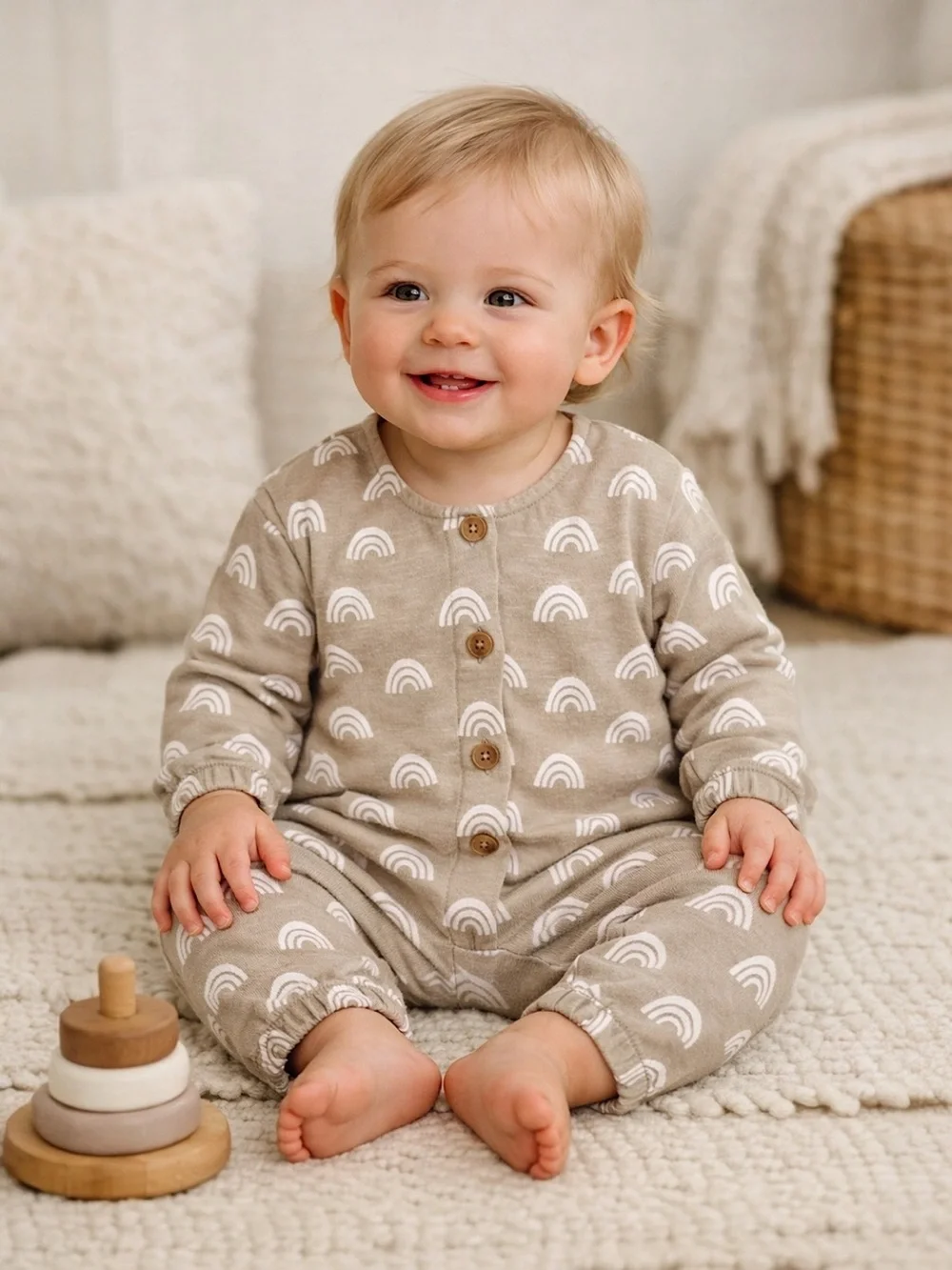 SIIX Tan Rainbow Print Button-Front One-Piece for Kids